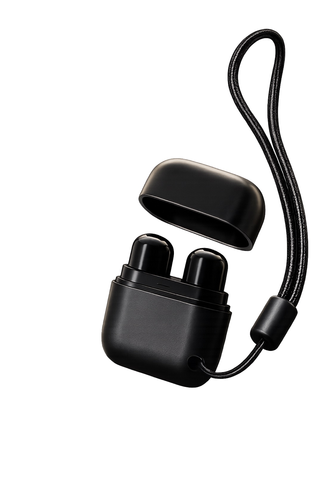 Inalador nasal myboost preto, compacto, com tampa aberta, dois bicos e cordão de pulso
